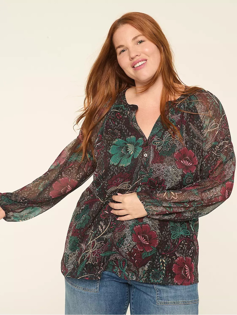Lane Bryant Sheer Black Blouse with Teal & Burgundy Botanical Print